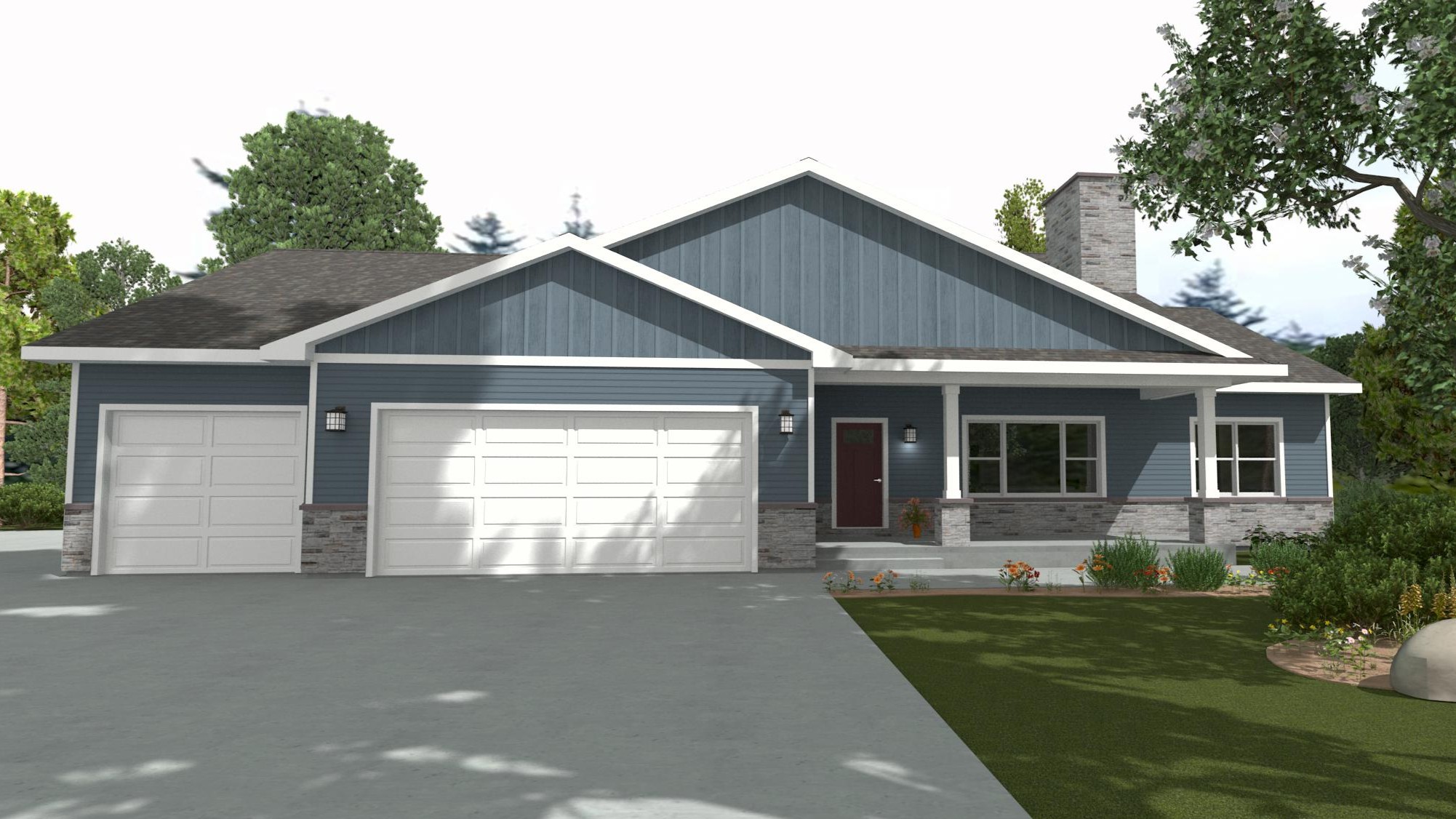 Exterior rendering of Jade floor plan - ranch style, 2 bed/2.5 bath, 3 car garage.